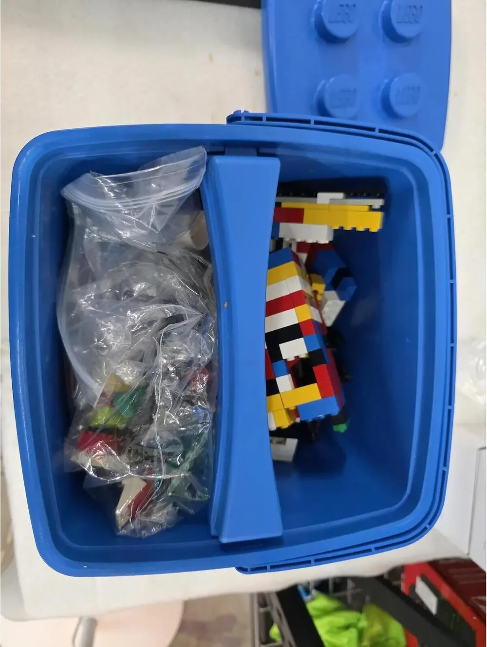 LEGO Blue Storage Bin with Mixed Bricks and Lid